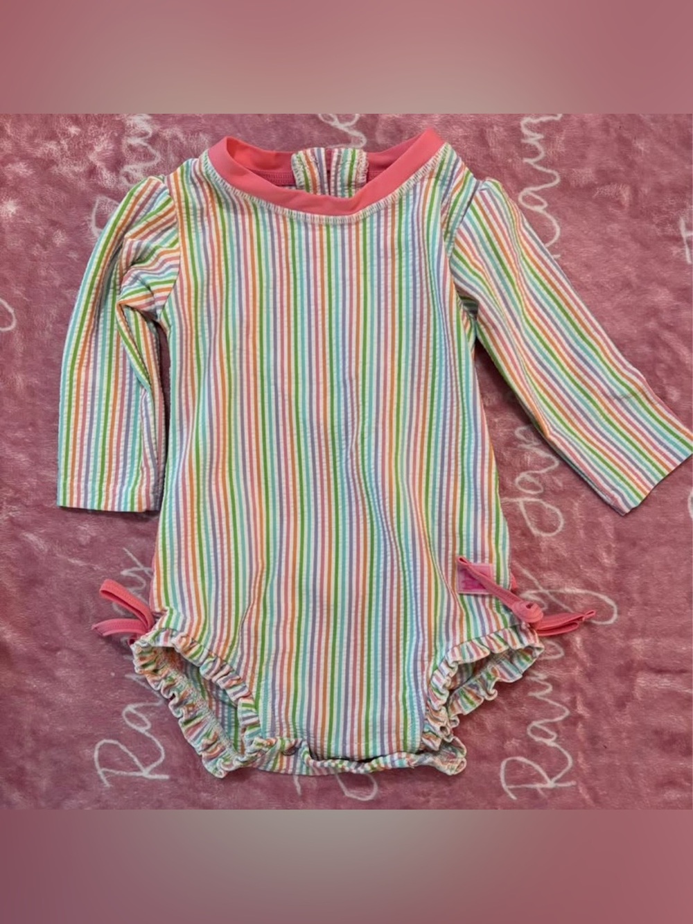 Girls' RuffleButts Rainbow Stripe Long-Sleeve One-Piece Seersucker Swimsuit